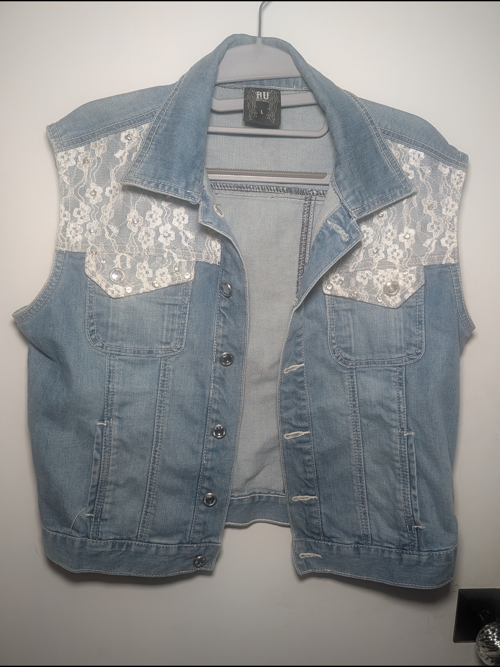 Western Boho Aesthetic Light Wash Denim Vest with White Lace Accents - Picture 2 of 8